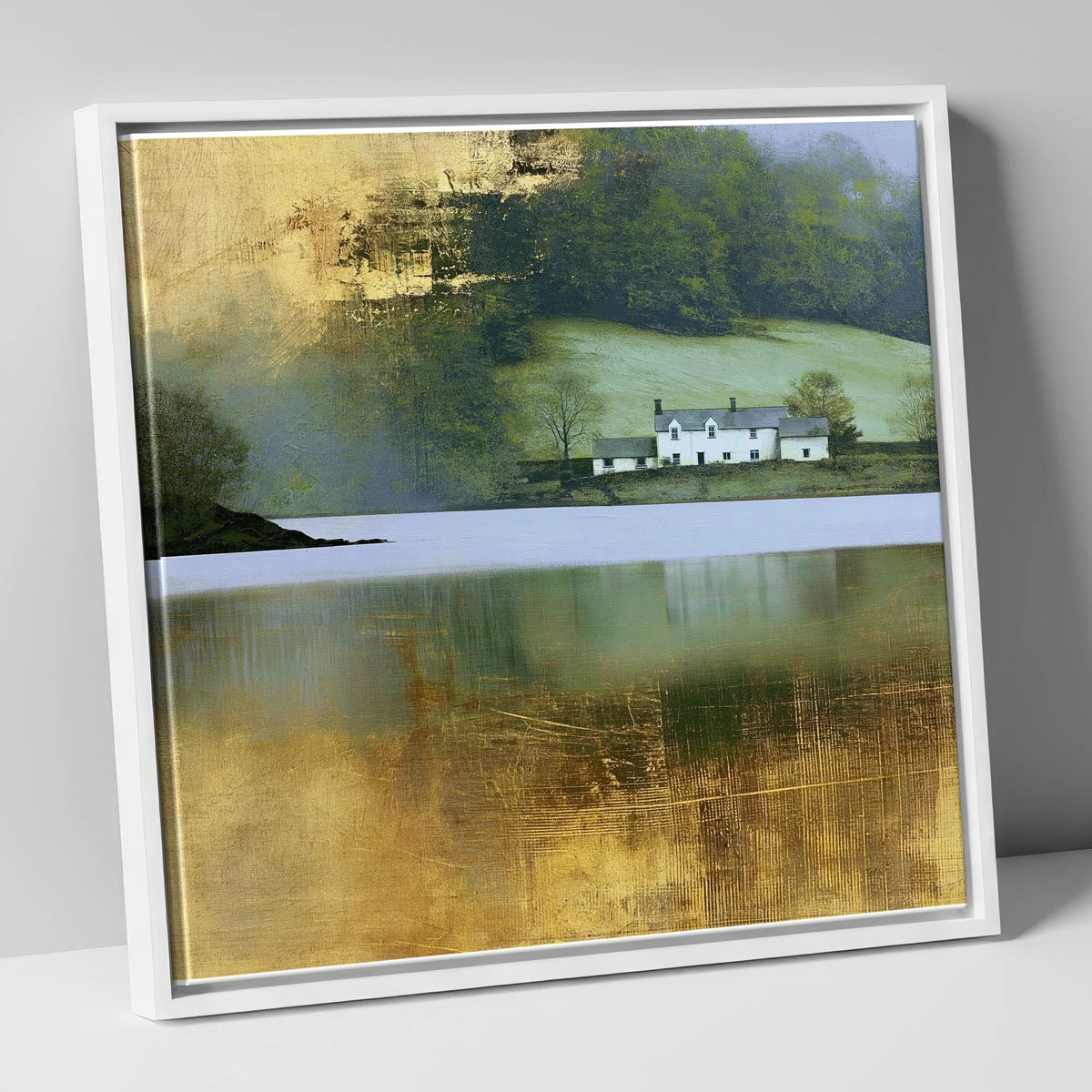 Golden Reflections on Coniston Water lake district lake canvas wall art in white frame