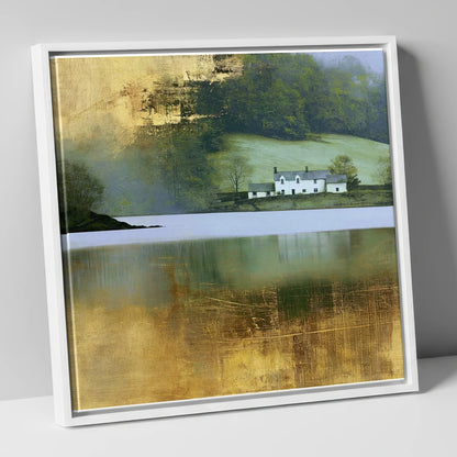 Golden Reflections on Coniston Water lake district lake canvas wall art in white frame