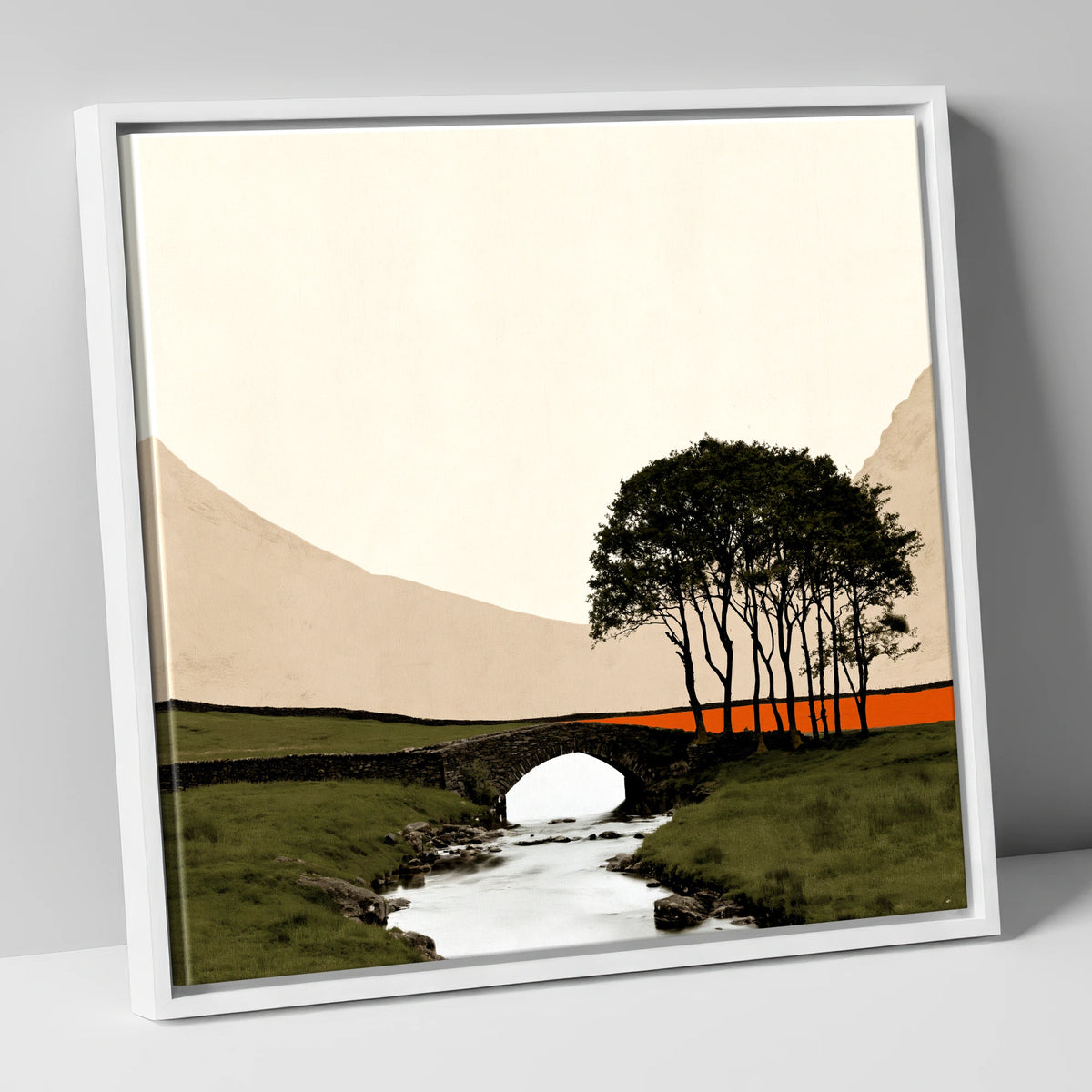 Stone Bridge With Silhouetted Trees lake district waterfall canvas wall art in white frame