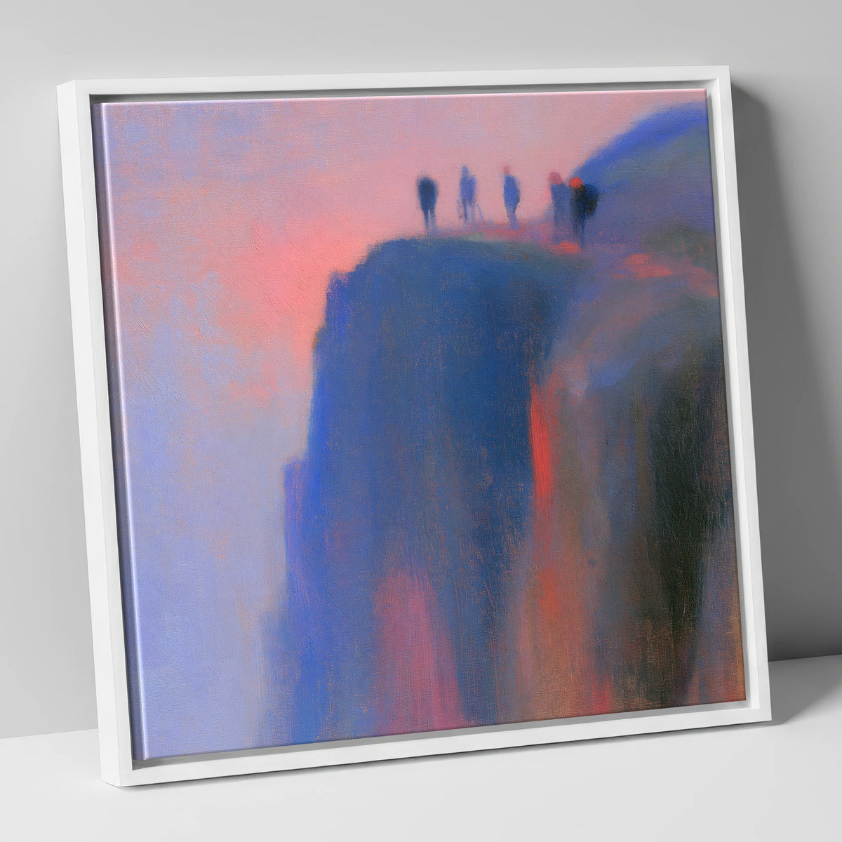 Climbers on a Twilight Crag lake district walking canvas wall art in white frame