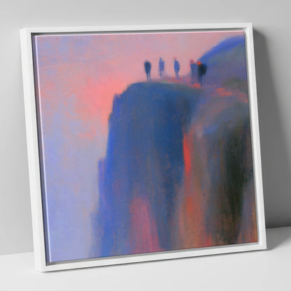 Climbers on a Twilight Crag lake district walking canvas wall art in white frame