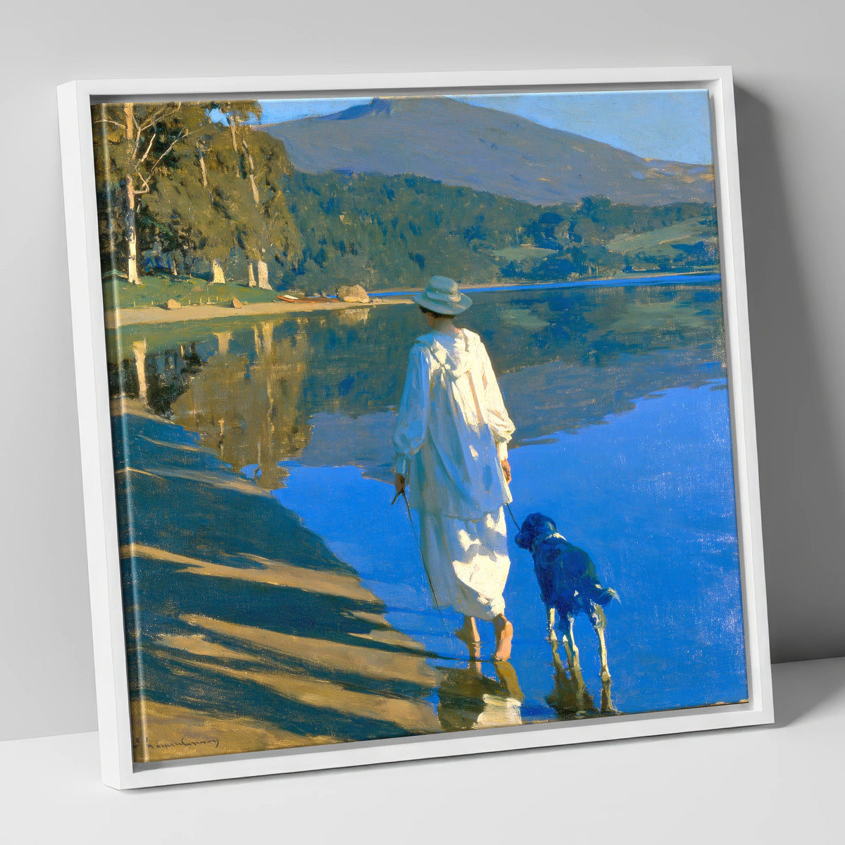 Sunlit Dog Walk Coniston Water gifts for dog walkers canvas wall art in white frame