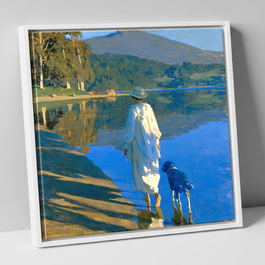 Sunlit Dog Walk Coniston Water gifts for dog walkers canvas wall art in white frame