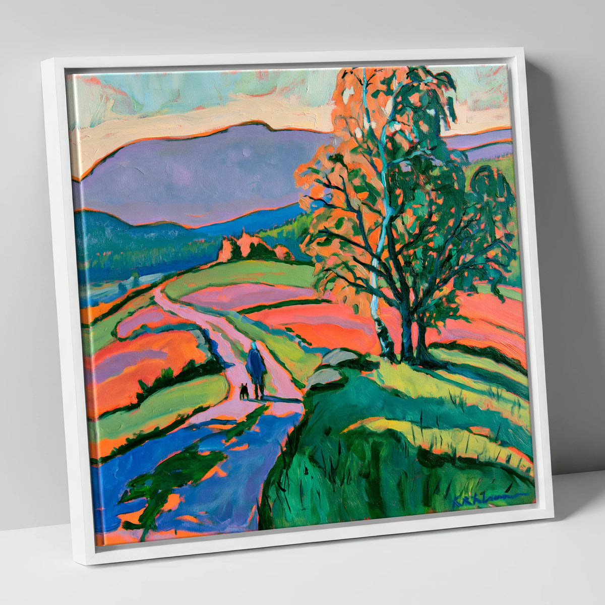 Hawkshead Fells with Dog Walker gifts for dog walkers canvas wall art in white frame