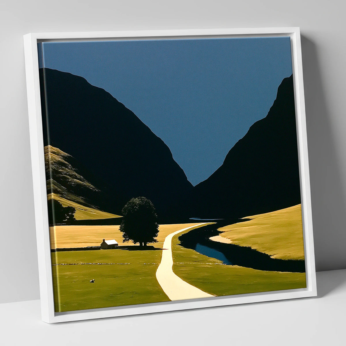 River Winding Through Dark Fells lake district waterfall canvas wall art in white frame