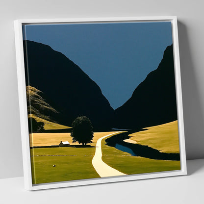 River Winding Through Dark Fells lake district waterfall canvas wall art in white frame