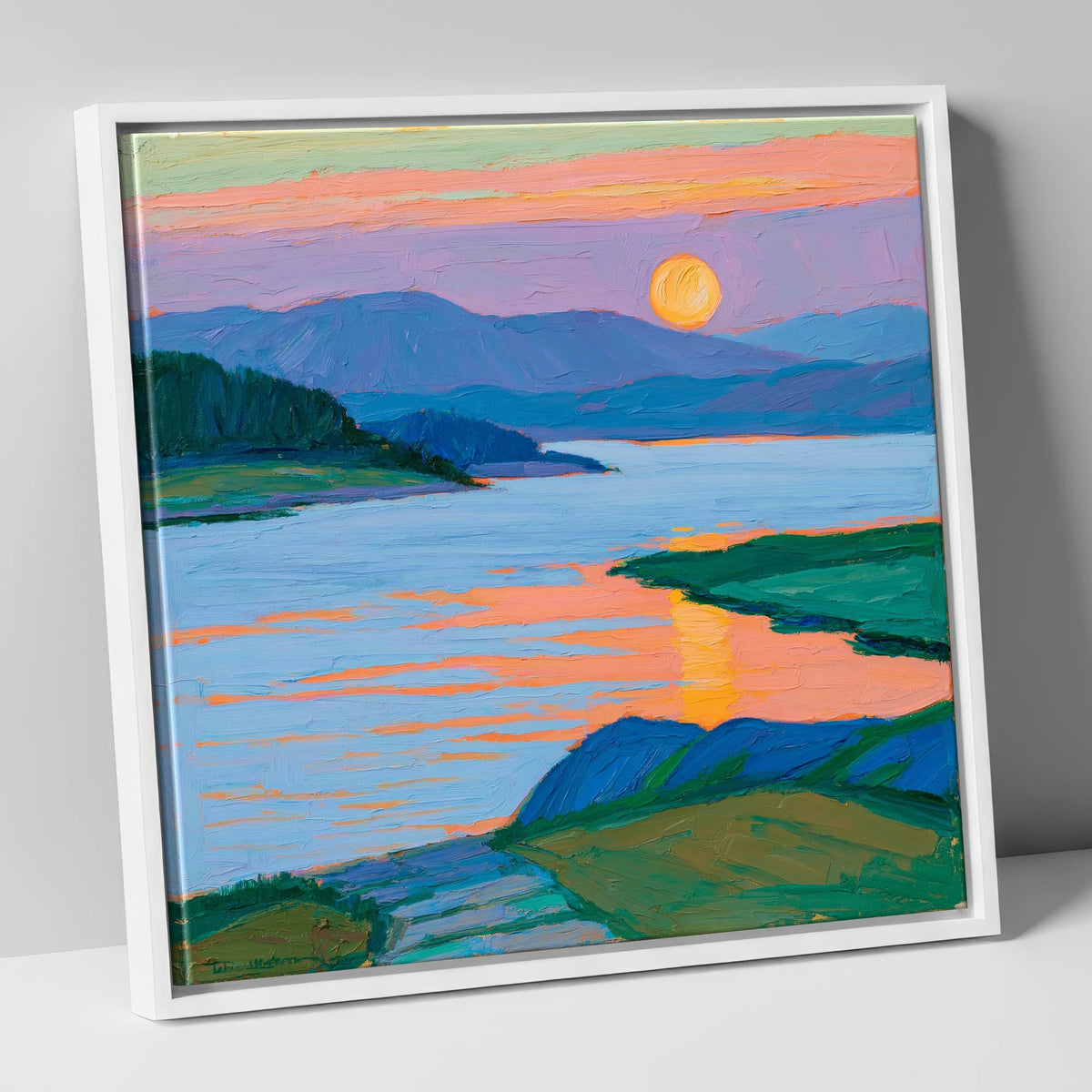 Vibrant Sunset Over The Lake lake district lake canvas wall art in white frame