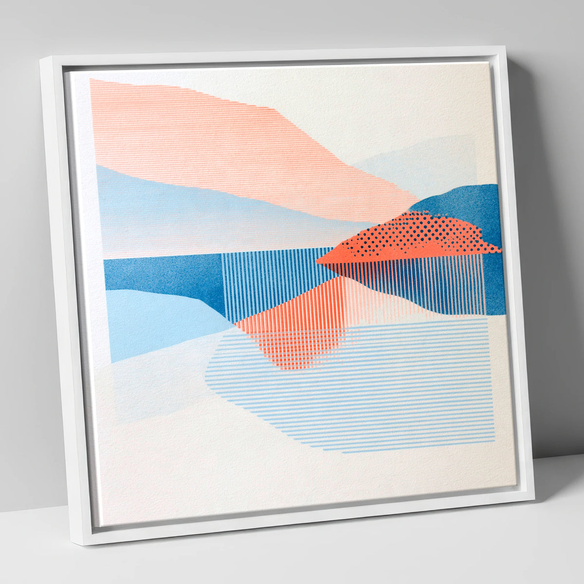 Coral and Blue Lake Reflections lake district lake canvas wall art in white frame