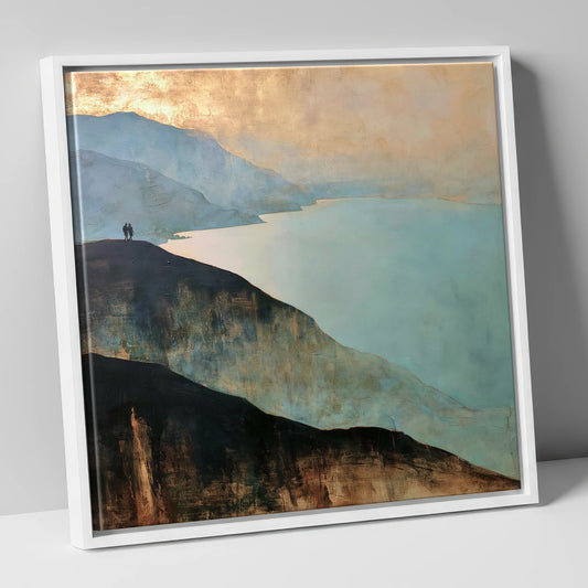 Walkers on Catbells Ridge lake district fell canvas wall art in white frame