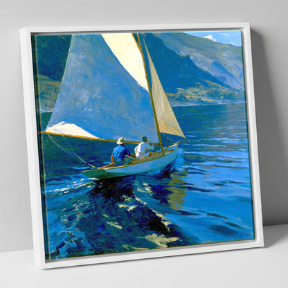 Sailboat on Deep Cobalt Waters lake district walking canvas wall art in white frame