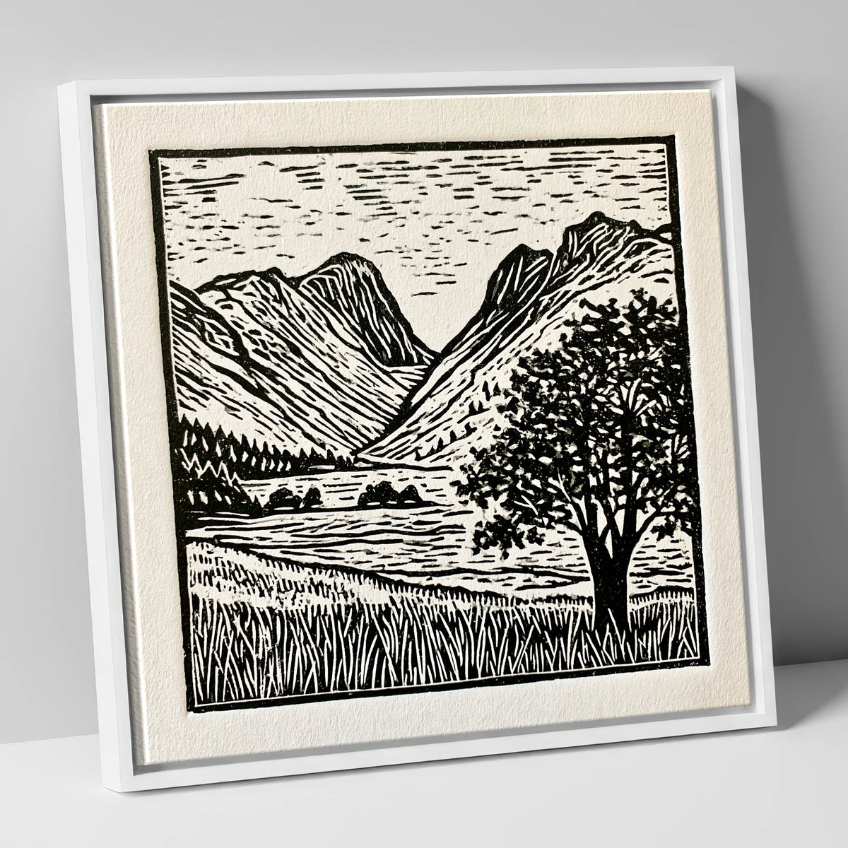 Langdale Pikes in Bold Monochrome lake district fell canvas wall art in white frame