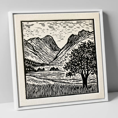 Langdale Pikes in Bold Monochrome lake district fell canvas wall art in white frame