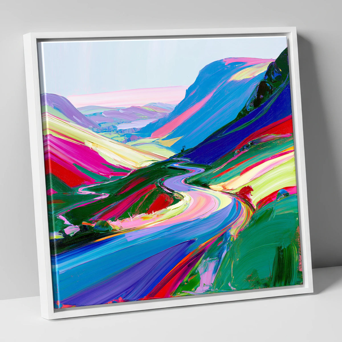 Vivid Sweeping Mountain Pass lake district valley canvas wall art in white frame