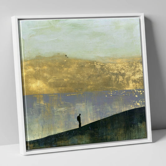 Hiker Silhouette Against Golden Fells lake district walking canvas wall art in white frame