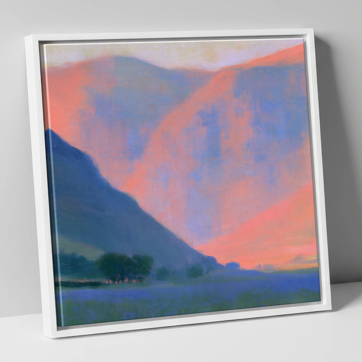 Pink Twilight Fell Valley lake district valley canvas wall art in white frame