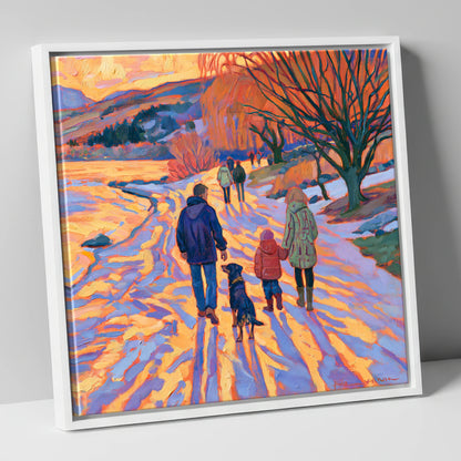 Sunset Dog Walk at Keswick gifts for dog walkers canvas wall art in white frame