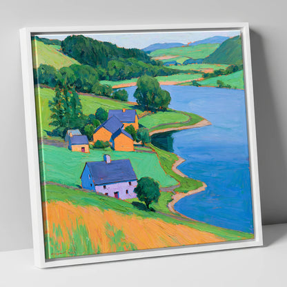 Vivid Lakeside Village and Fells lake district village canvas wall art in white frame
