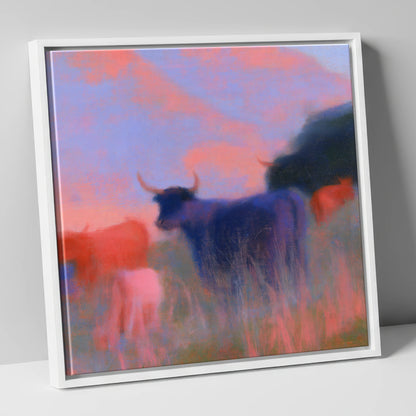 Highland Cattle in Violet Dusk lake district wildlife canvas wall art in white frame