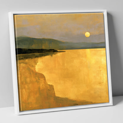 Lake Sunset in Luminous Ochre lake district lake canvas wall art in white frame