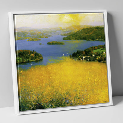 Golden Light Over Bowness Bay lake district village canvas wall art in white frame