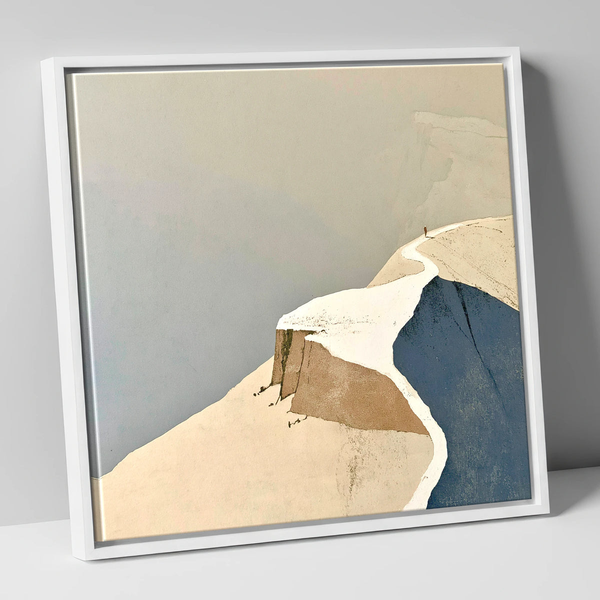 Lone Walker on a Snowy Summit Ridge lake district fell canvas wall art in white frame