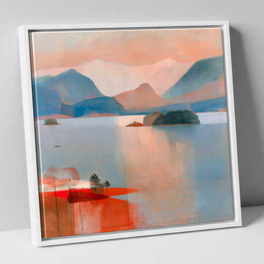 Derwentwater and Catbells Coral Dusk lake district lake canvas wall art in white frame