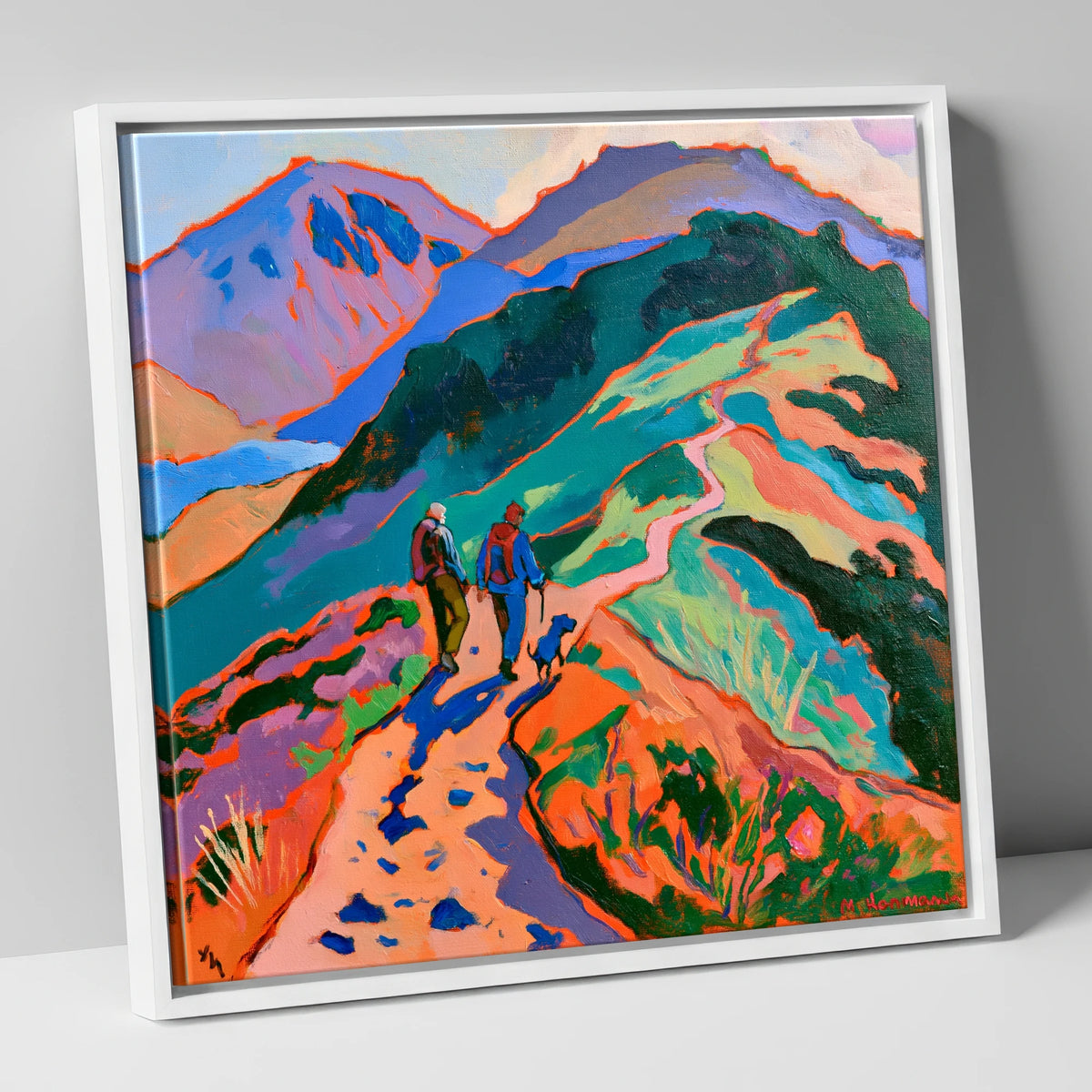 Colourful Haystacks Walk With Dog gifts for dog walkers canvas wall art in white frame