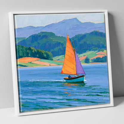 Sailing Boat on Breezy Lake lake district walking canvas wall art in white frame