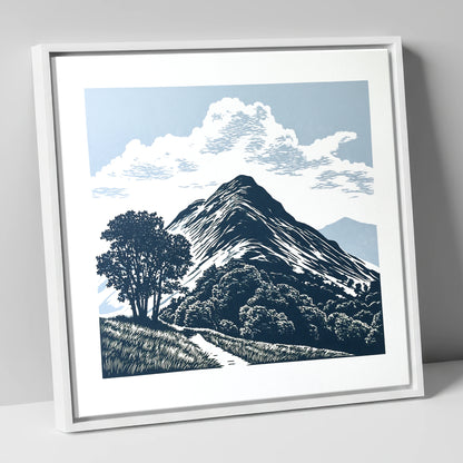 Catbells Fell in Deep Navy lake district fell canvas wall art in white frame