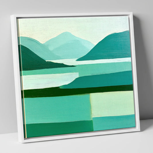 Abstract Teal Coniston Water lake district lake canvas wall art in white frame