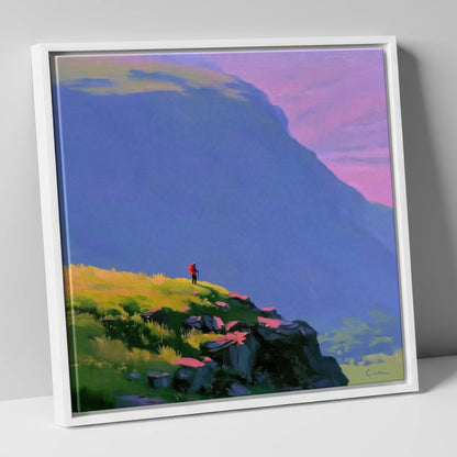 Fell Walker Under Lilac Sky lake district walking canvas wall art in white frame