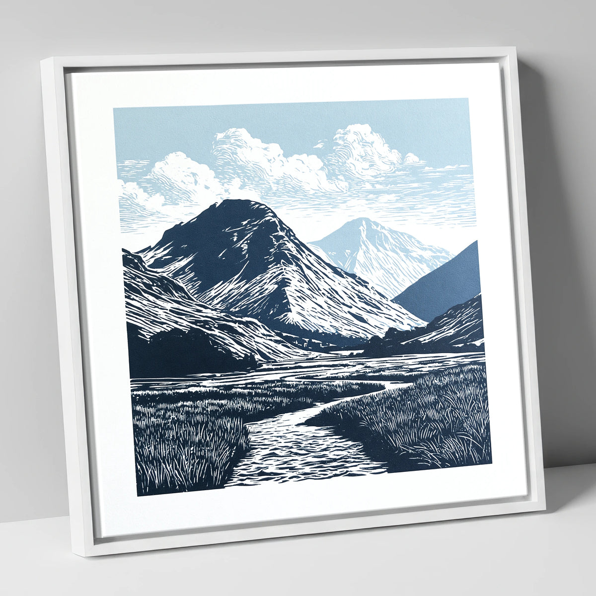 Scafell Pike in Deep Navy lake district fell canvas wall art in white frame