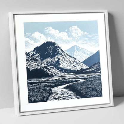 Scafell Pike in Deep Navy lake district fell canvas wall art in white frame