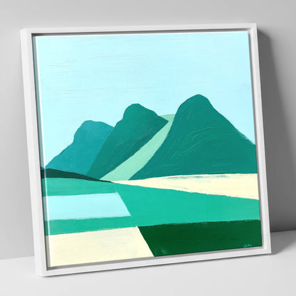 Geometric Langdale Pikes in Teal lake district fell canvas wall art in white frame