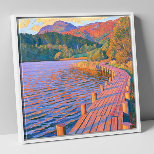 Curving Boardwalk at Tarn Hows lake district lake canvas wall art in white frame