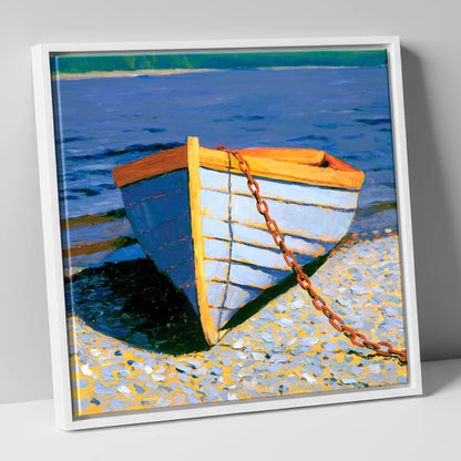 Blue Wooden Boat on Windermere lake district lake canvas wall art in white frame
