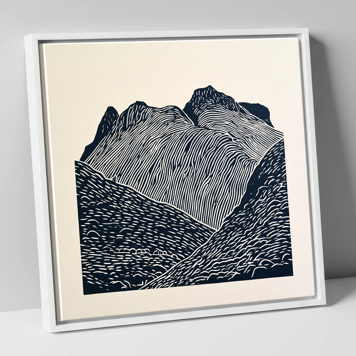 Graphic Monochrome Langdale Pikes lake district fell canvas wall art in white frame