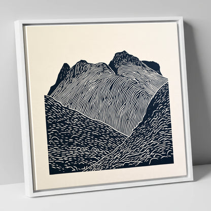 Graphic Monochrome Langdale Pikes lake district fell canvas wall art in white frame
