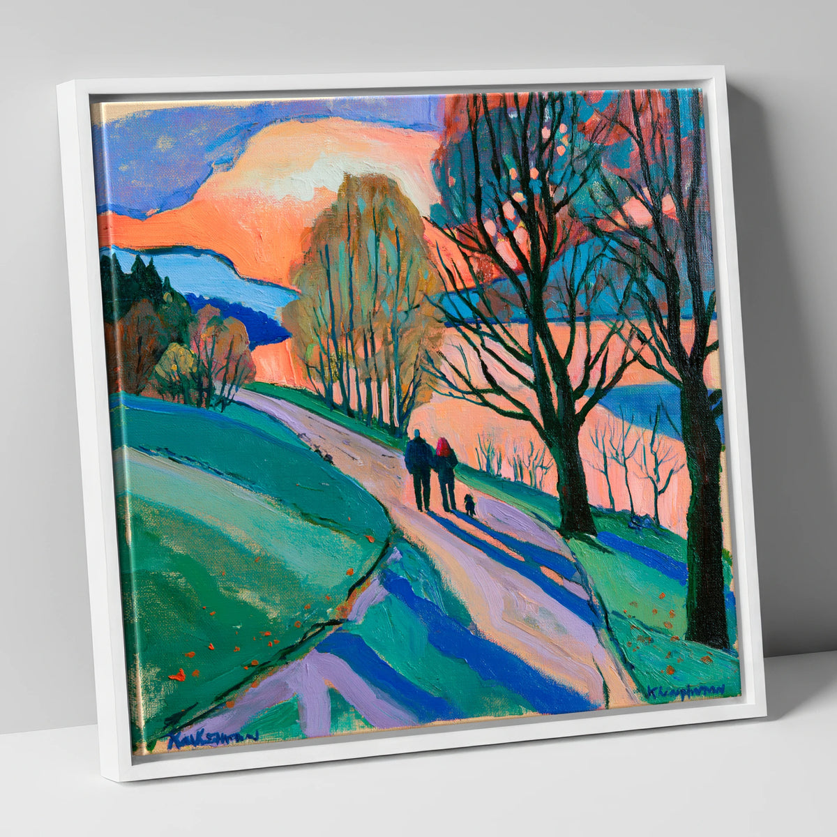 Keswick Sunset Dog Walk gifts for dog walkers canvas wall art in white frame