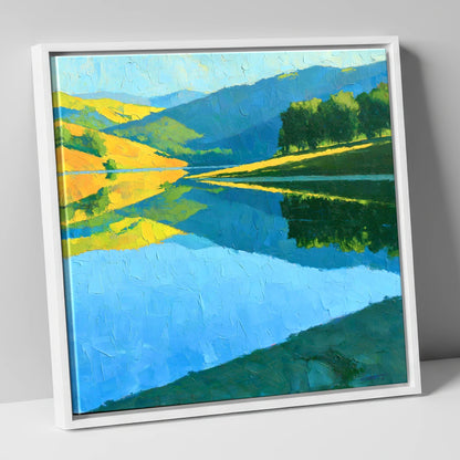 Sunlit Fells Mirrored in Blue Water lake district lake canvas wall art in white frame