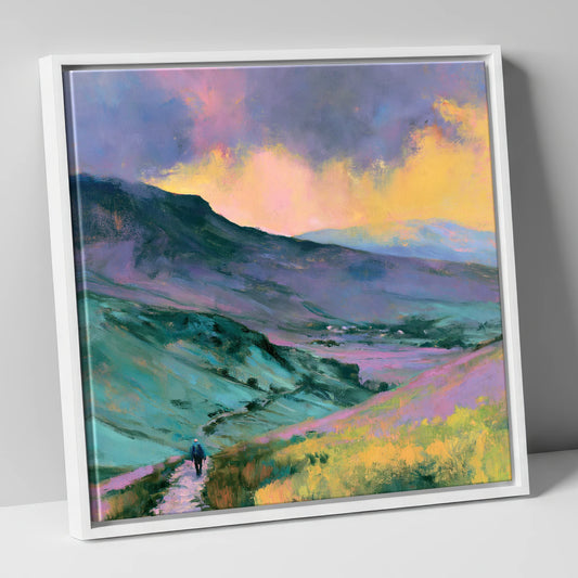 Fell Walker in Pastel Fells lake district walking canvas wall art in white frame