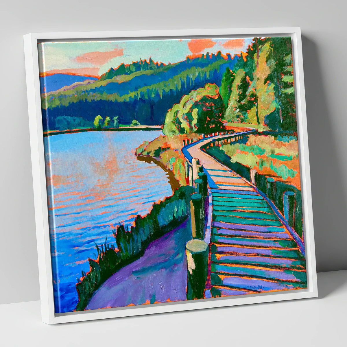 Vibrant Boardwalk at Tarn Hows lake district lake canvas wall art in white frame