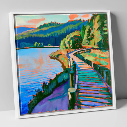 Vibrant Boardwalk at Tarn Hows lake district lake canvas wall art in white frame