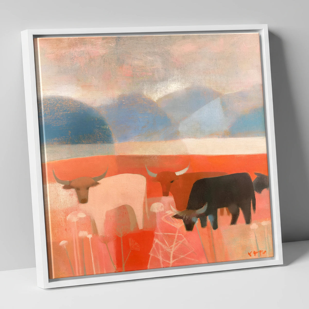 Highland Cattle against Slate Fells lake district wildlife canvas wall art in white frame