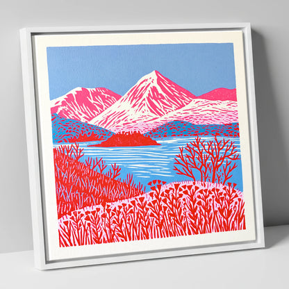 Vibrant Red Catbells Landscape lake district fell canvas wall art in white frame