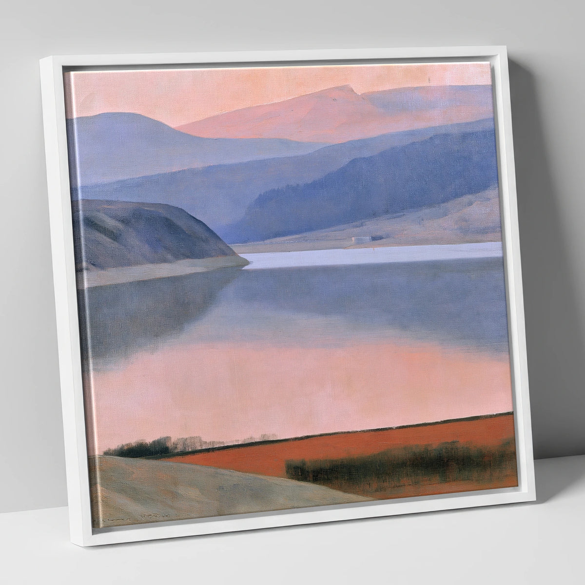 Lake and Fells in Dusk Pink lake district lake canvas wall art in white frame