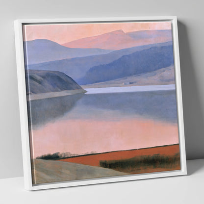 Lake and Fells in Dusk Pink lake district lake canvas wall art in white frame