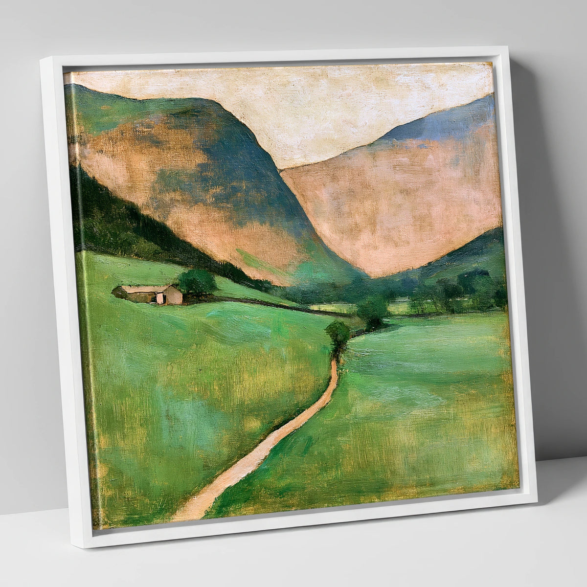 Green Valley Beneath Warm Fells lake district valley canvas wall art in white frame