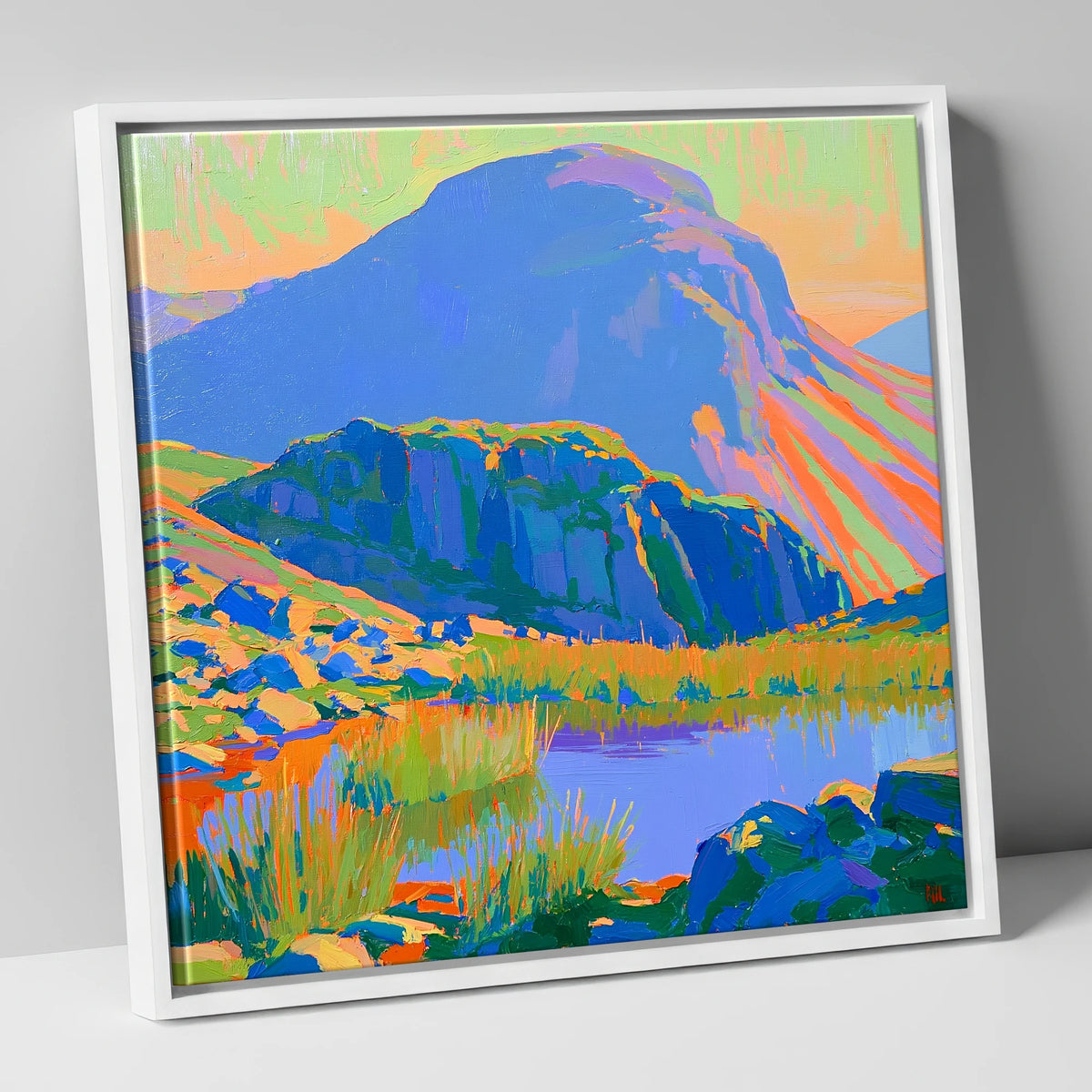 Vibrant Light on Haystacks Tarn lake district fell canvas wall art in white frame
