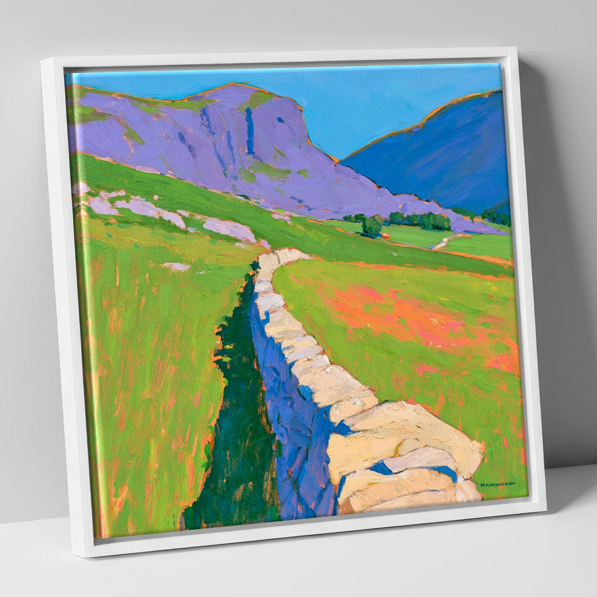 Vibrant Valley Drystone Wall lake district valley canvas wall art in white frame
